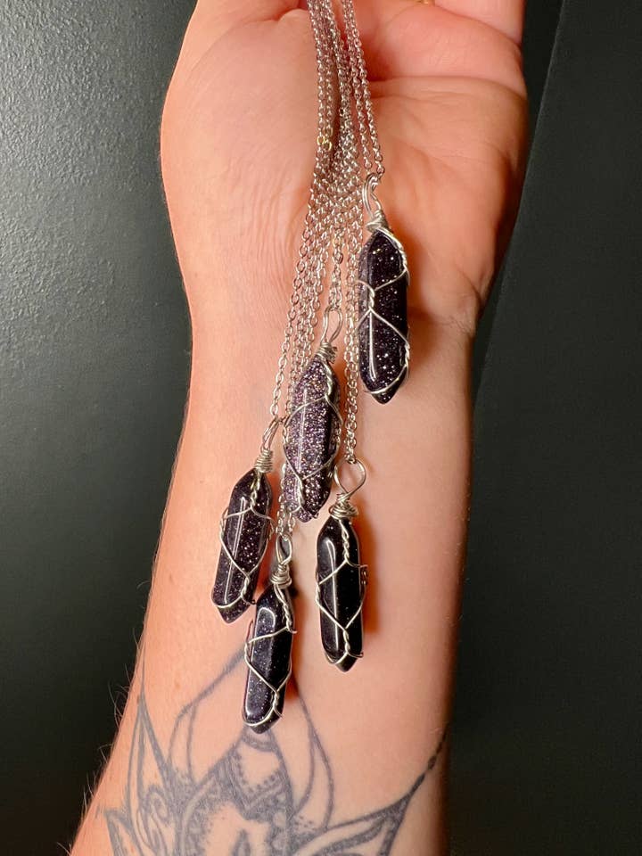 Blue Goldstone Crystal Point Necklace for wholesale by Graced Jewelry