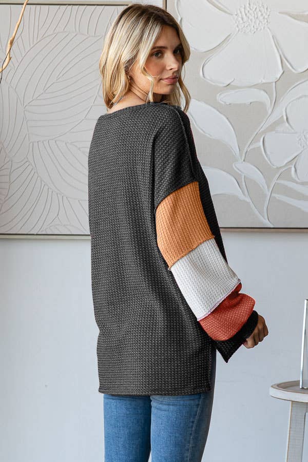 7th Ray – wholesale Knit top – Women's – Waffle Knit Color Block Button Front Balloon Sleeve TopT572418