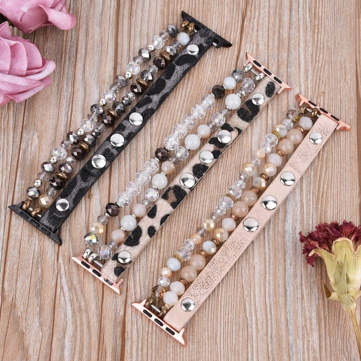ShopTrendsNow - Wholesale Watch Band/Strap - Women's - Leopard Calf Leather and Crystal Apple Watch Band