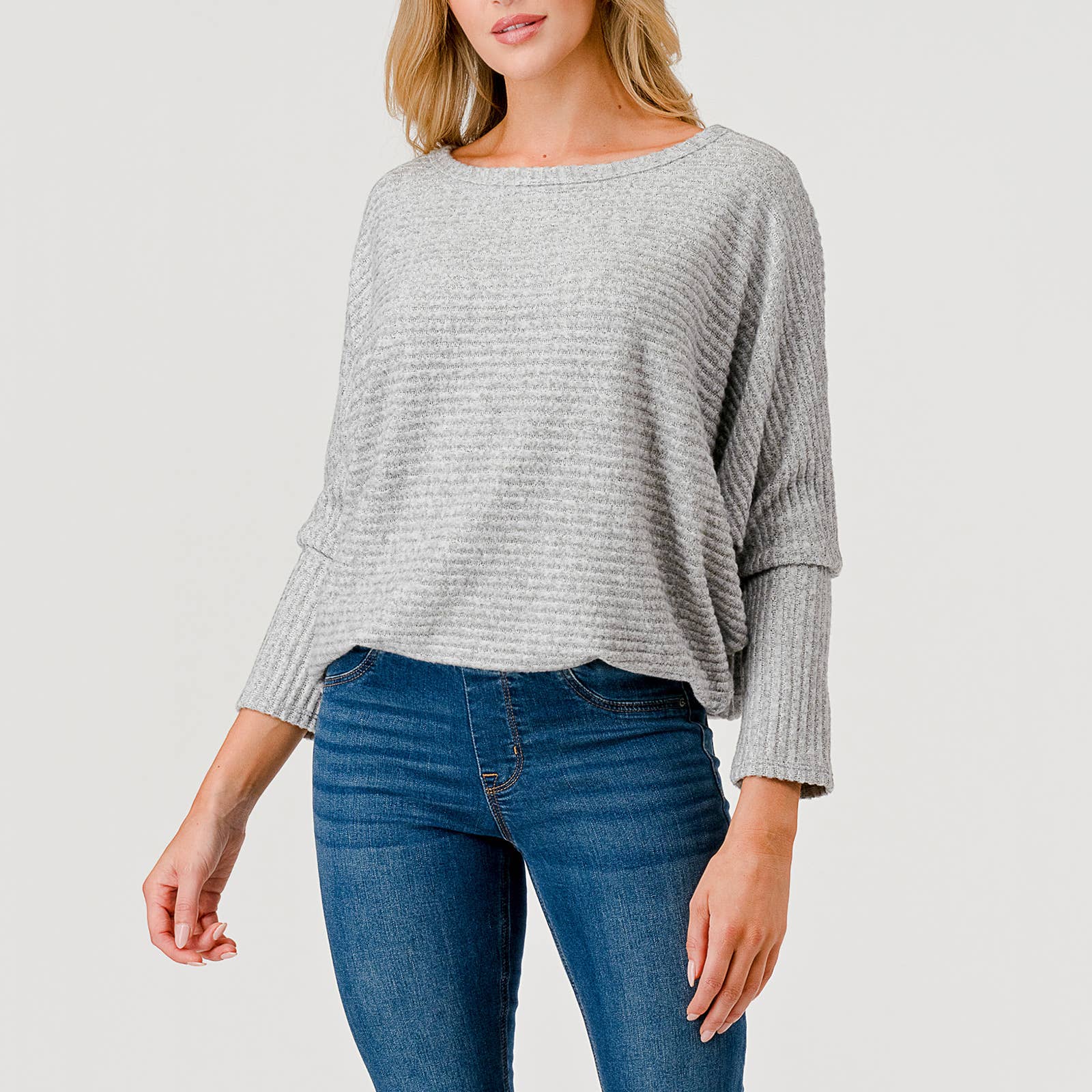 Heimious - Wholesale Knit Top - Women's - Long Dolman Sleeve Wide Rib Brushed Knit Top, T7978