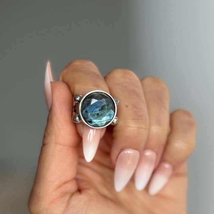 16mm Round Labradorite Ring | Silver Plated | Adjustable for wholesale by WILYMI Jewelry Co