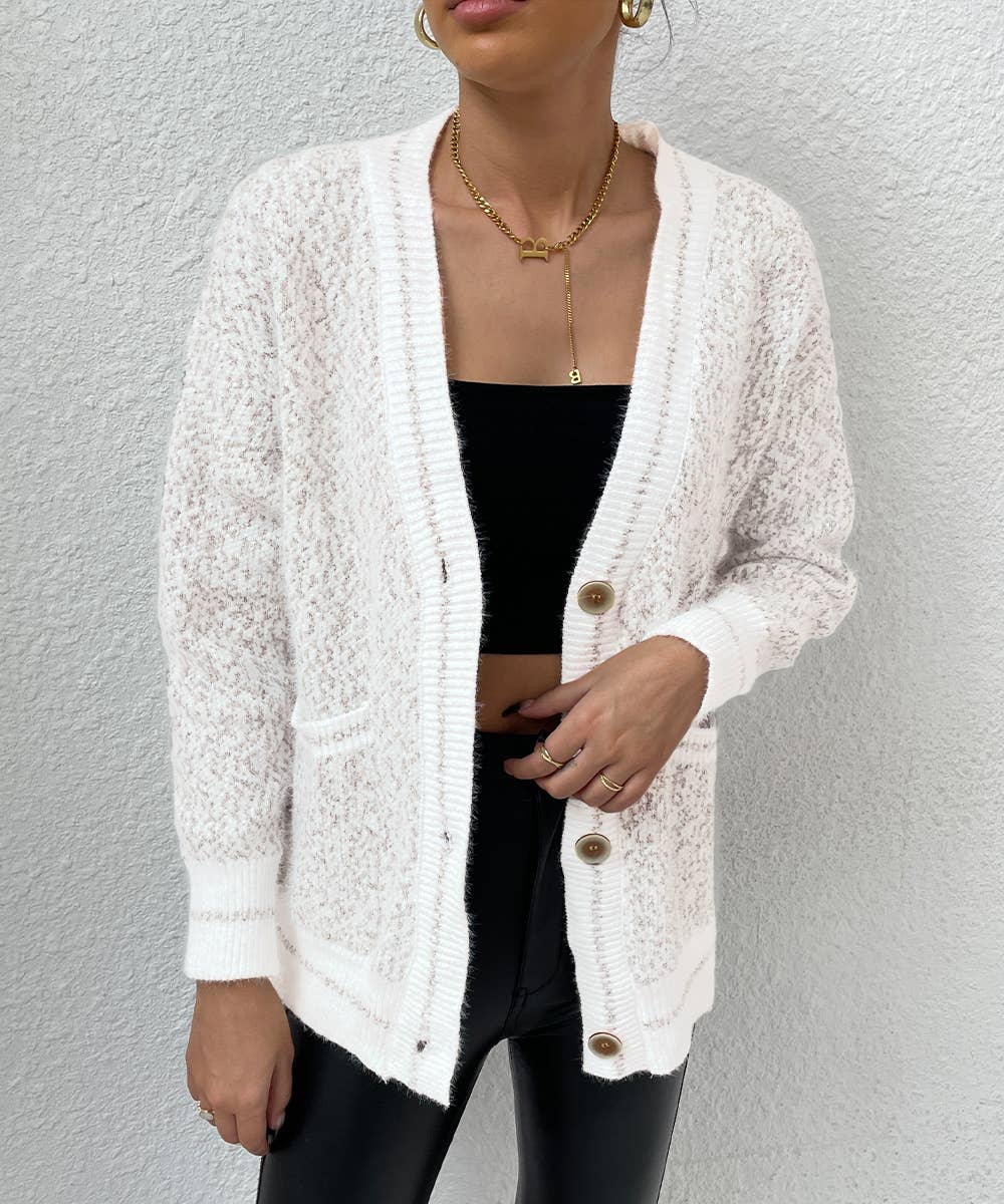 White Frenchy Marled Knit Drop Shoulder BottonFront Cardigan for wholesale on Faire1