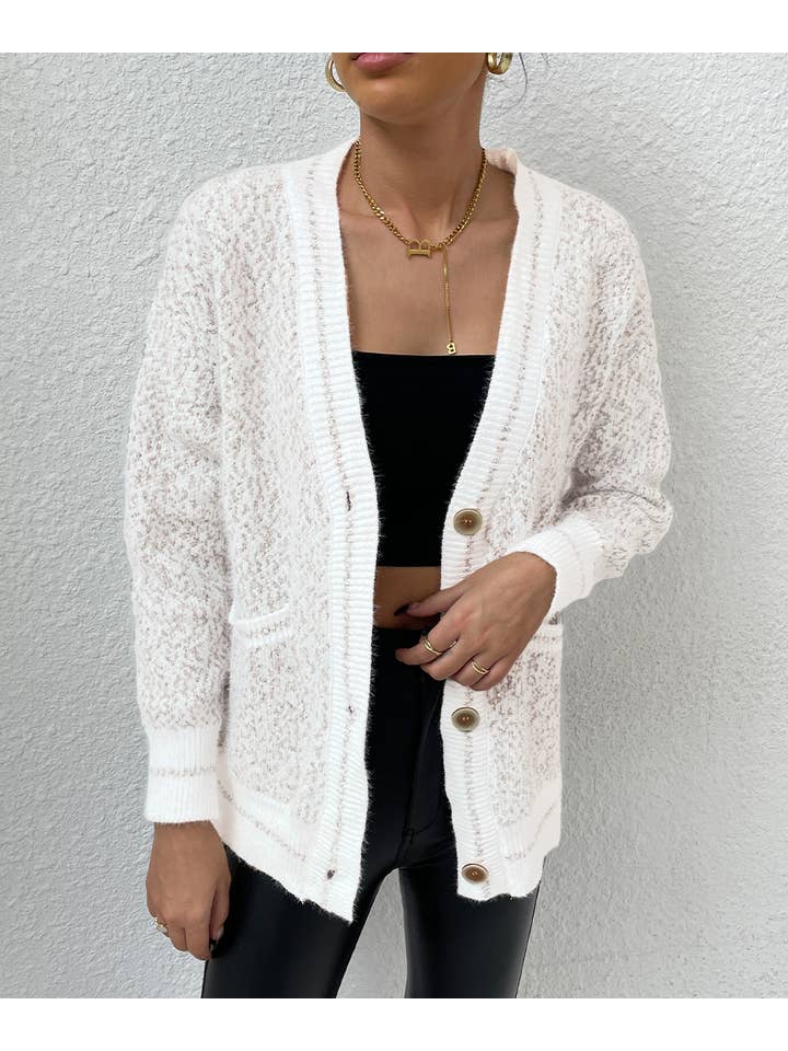 White Frenchy Marled Knit Drop Shoulder BottonFront Cardigan for wholesale on Faire1