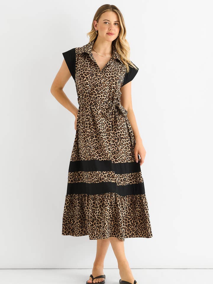 Brun djurkontrastpanel smock midiklänning för wholesale av GINI LONDON