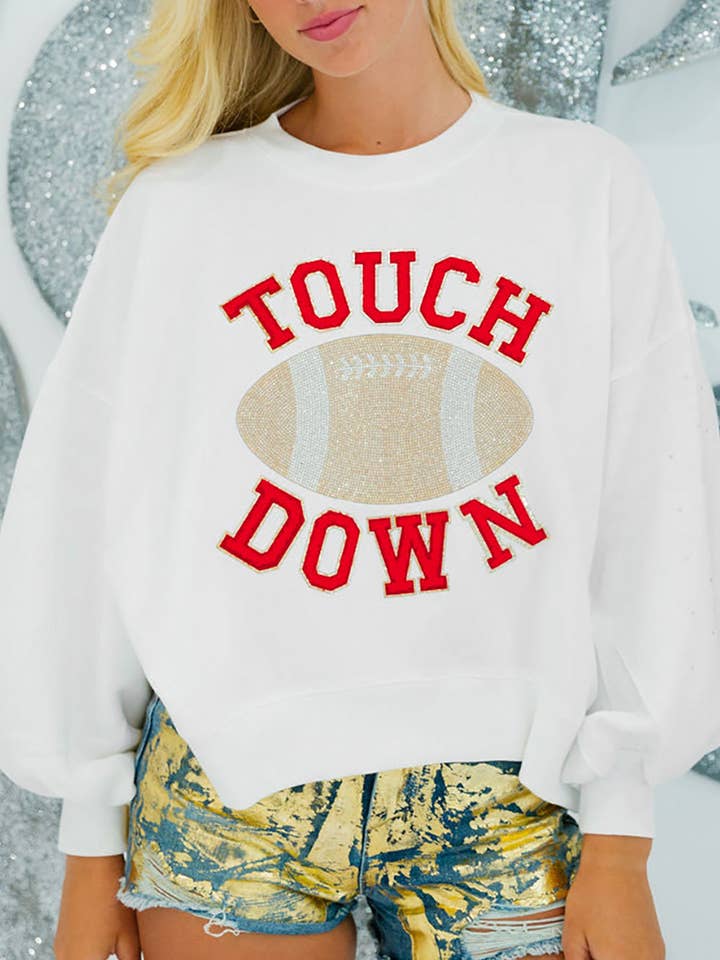 White TOUCH DOWN Football Graphic Pullover Sweatshirt for wholesale by Lovesoft