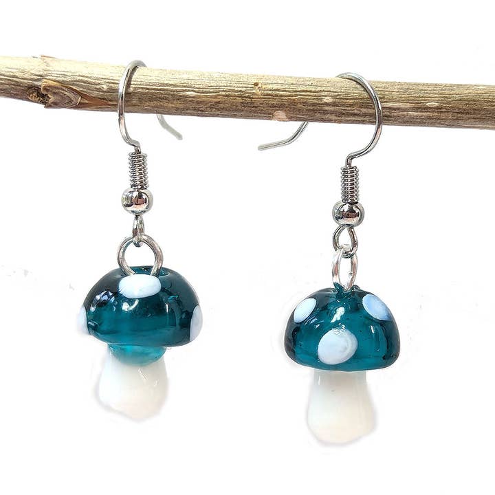 Lampwork Glass Turquoise Blue Mushroom Silver Earrings for wholesale by Stylish Jewelry Supply