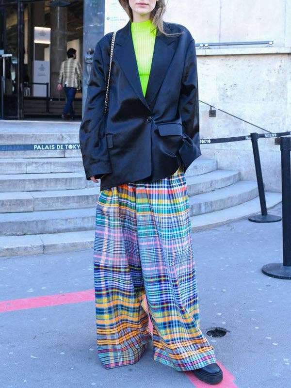 COULEUR Pantalon décontracté à jambes larges, imprimé en damier, élégant, sélection élégante en vente sur Faire6