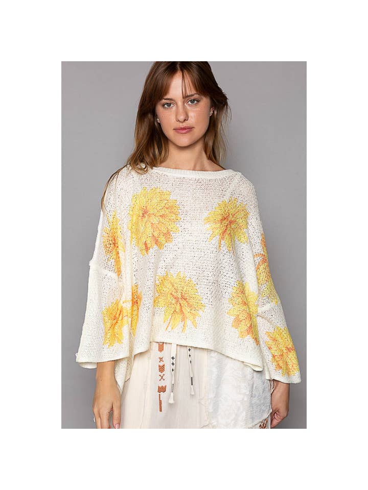 Pol Clothing - Wholesale Knit Sweater - Women's - Round neck flower print solid light weight sweater