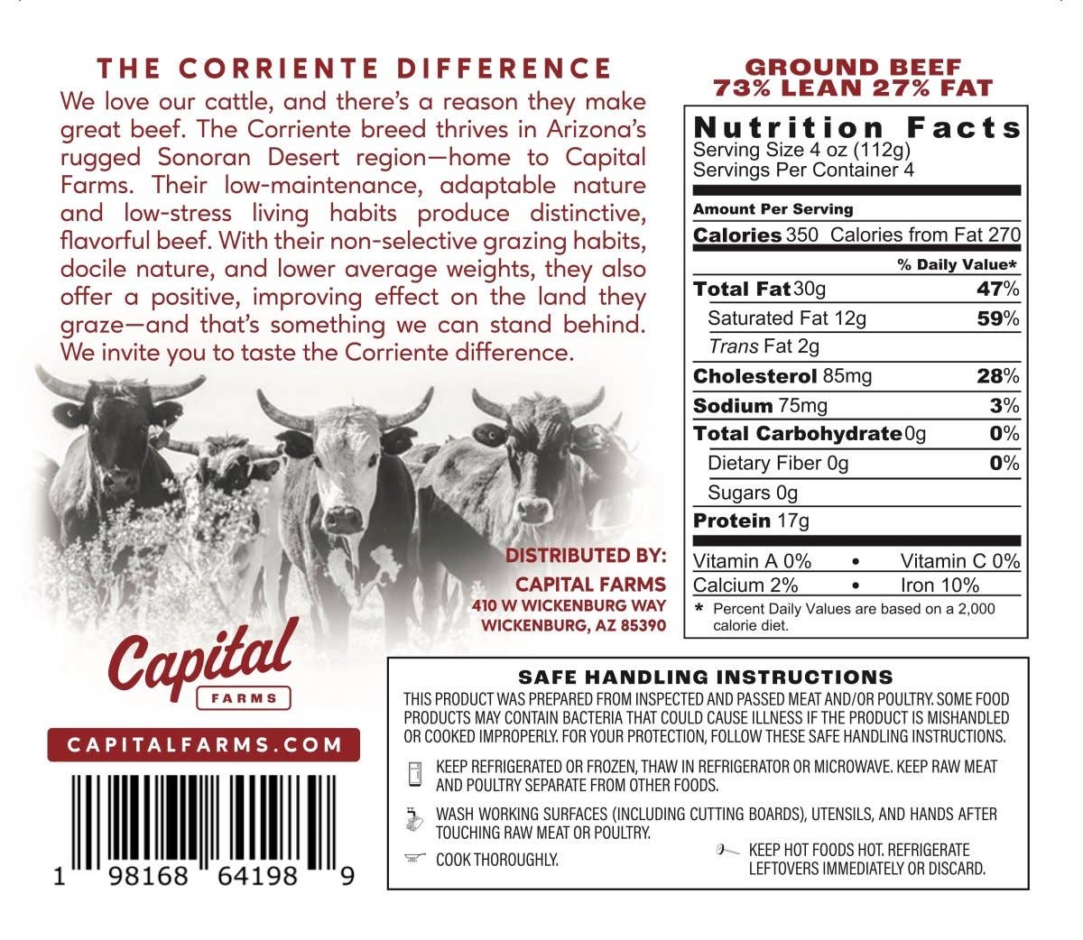 Capital Farms Meats & Provisions - Wholesale Beef - Ground Beef 73% Lean 27% Fat - 1lb | In-Store2