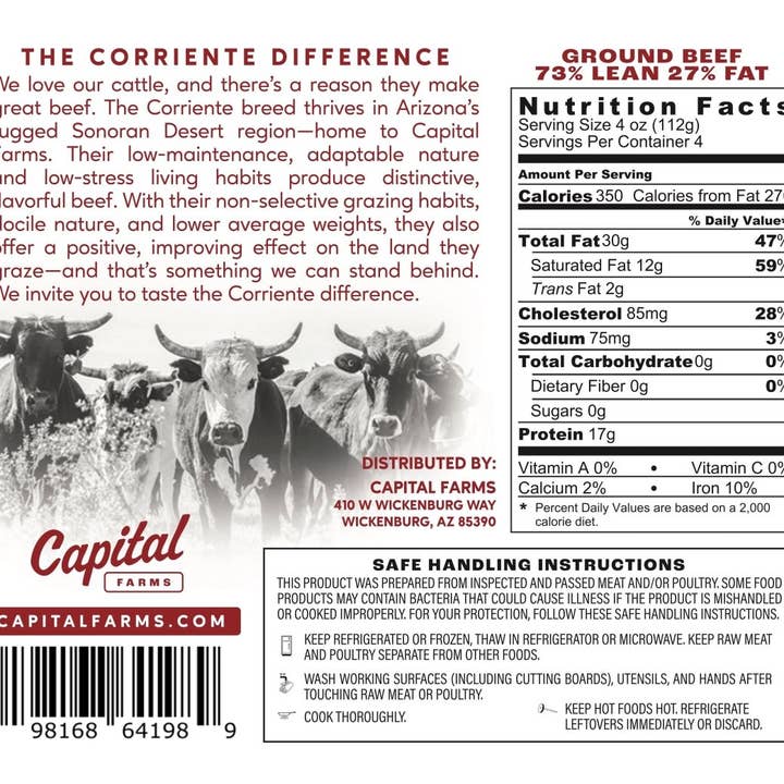 Capital Farms Meats & Provisions - Wholesale Beef - Ground Beef 73% Lean 27% Fat - 1lb | In-Store2