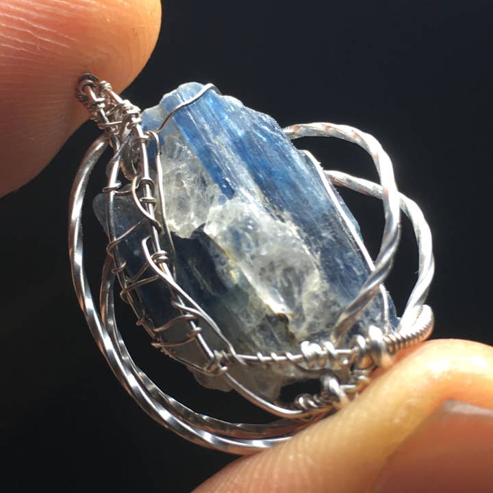 Kyanite and solid sterling silver Wire-Wrap Jewelry Pendant for wholesale by Wildheart Crystals