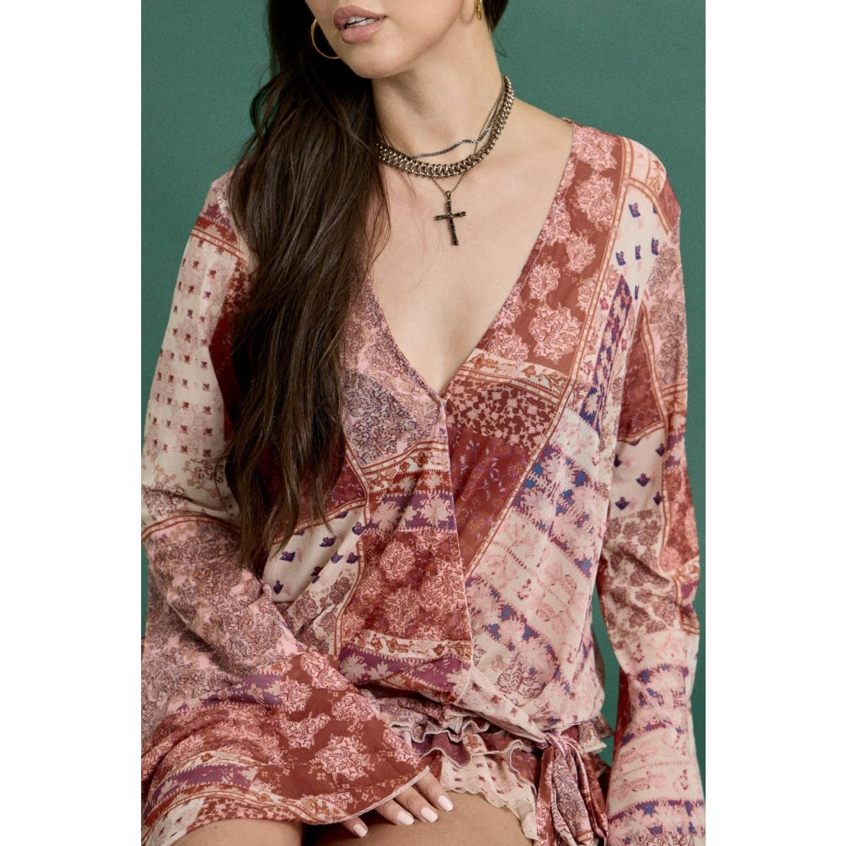 RED COMBO Spring Boho Patchwork Ruffle Mini Dress for wholesale on Faire2