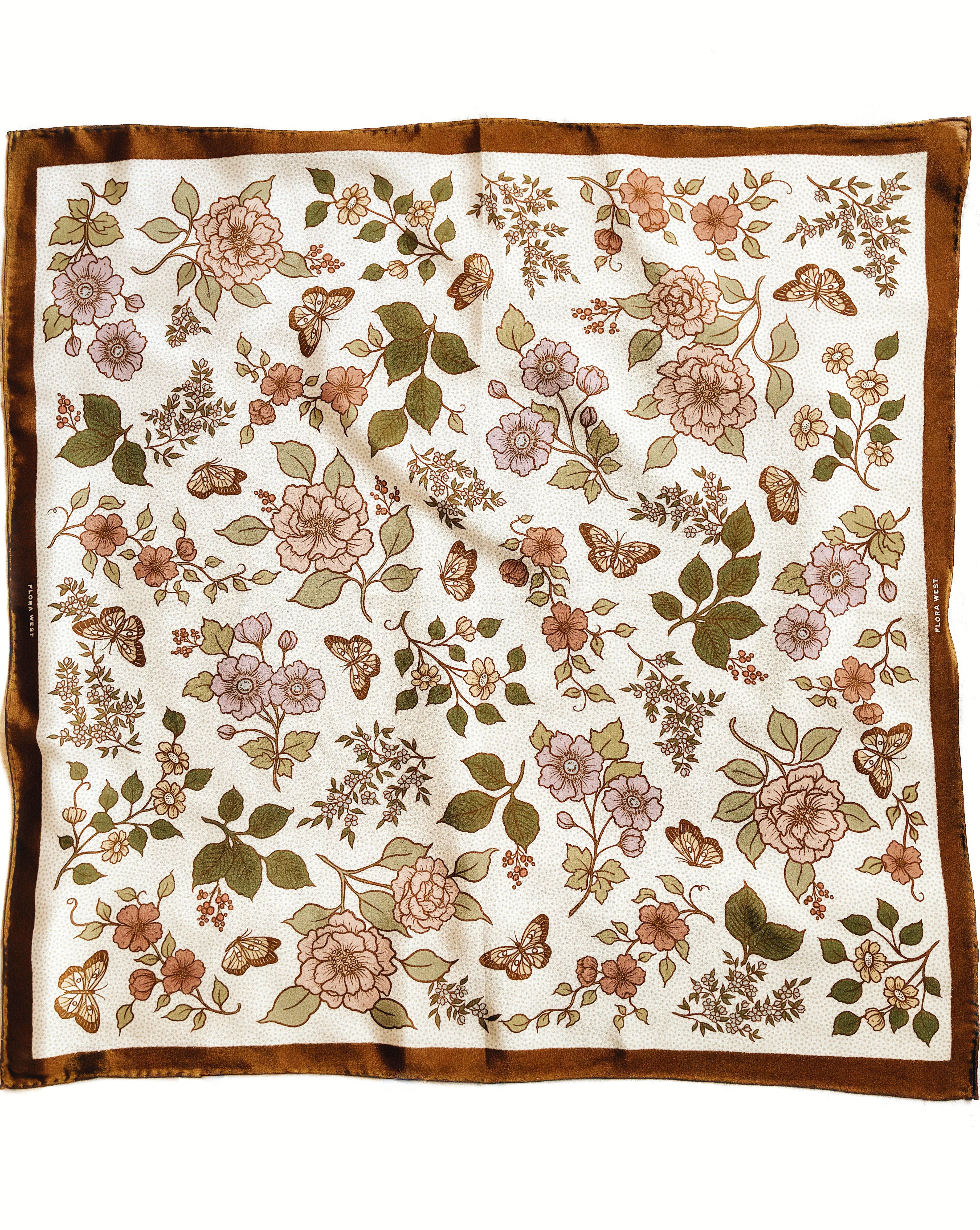 Flora West Design - Wholesale Bandana - Women's - 100% Silk Bandana Western Floral & Butterfly  – 23” Square8