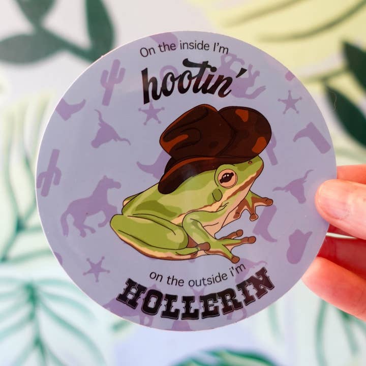 Pegatina de vinilo de rana vaquera, humor peculiar, redonda de 4 pulgadas para venta al por mayor de Two Cats Creatives
