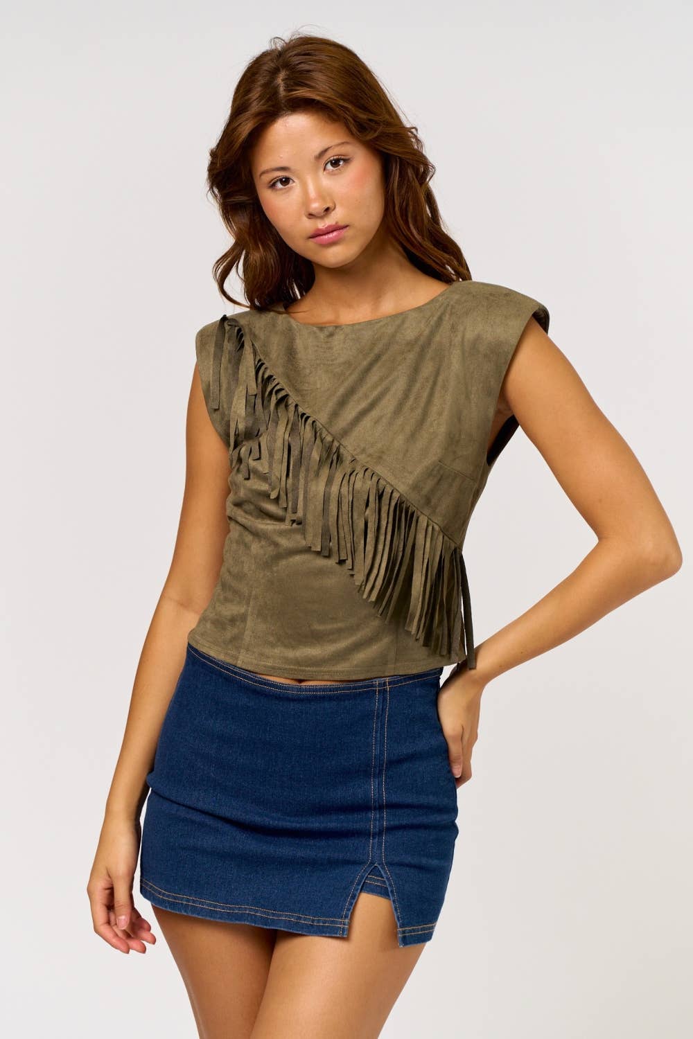 Blue Blush - Wholesale Blouse - Women's - Suede Fringe Detail Top1