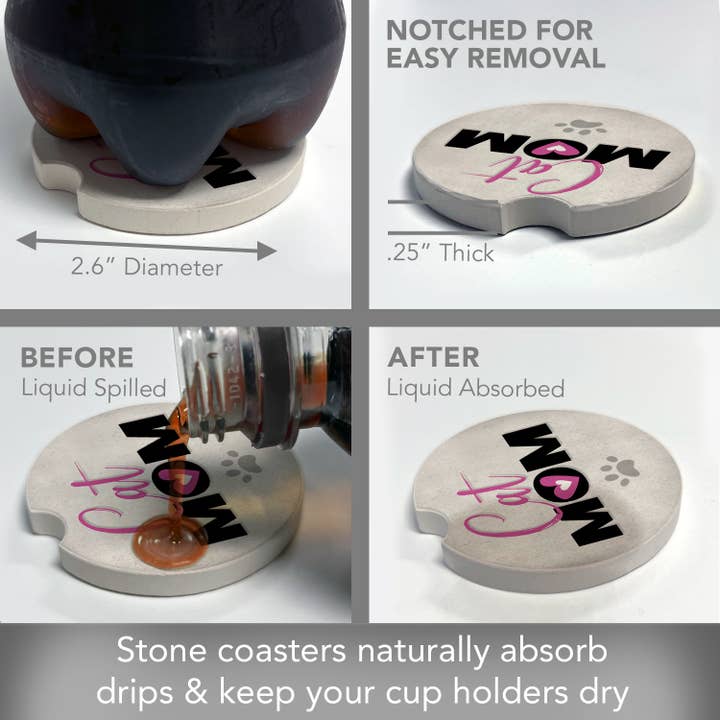 CounterArt/Highland Home/Thirstystone - Wholesale Car Coaster - Women's - Cat Mom Absorbent Stone Car Coaster 1 Pk2
