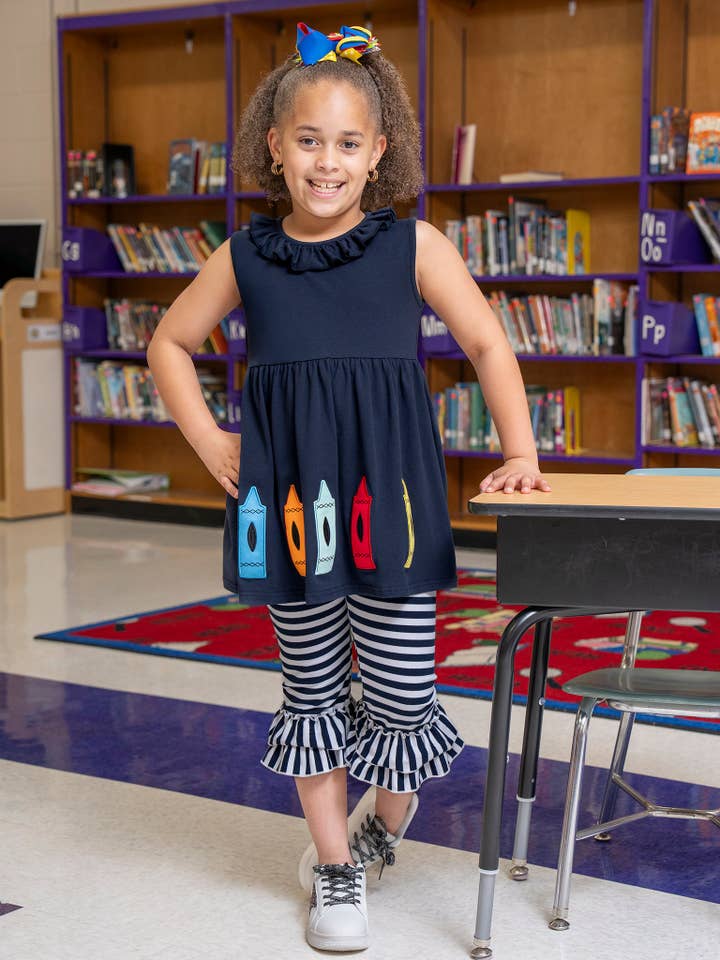 Marie Nicole Clothing - Wholesale Top & Pant Set - Kids - Crayons & Stripes Ruffle Outfit2