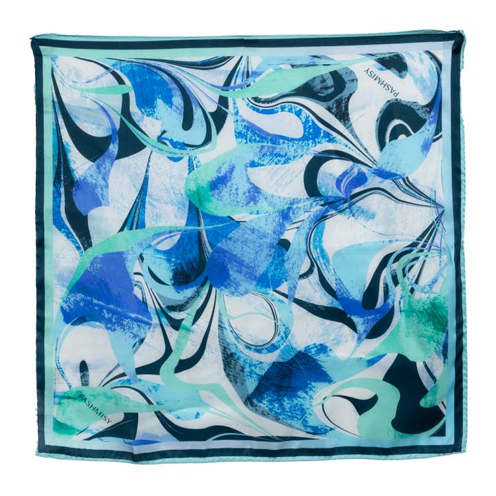 Pashmisy - Wholesale Scarf - Women's - Aqua Wave Flow – Italian Silk Square Scarf (70 x 70 cm)3