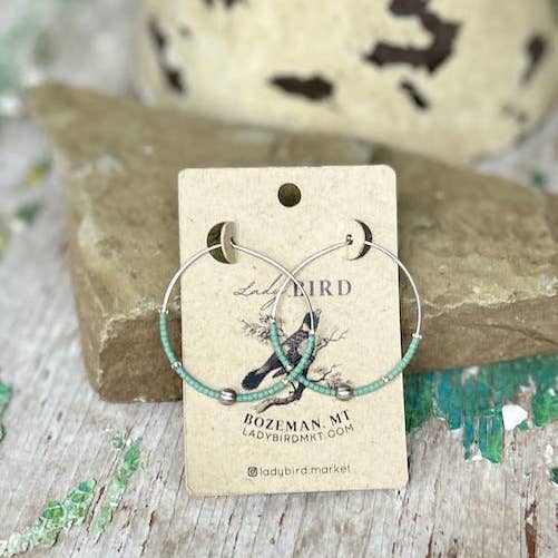 Lady Bird Market - Wholesale Hoop Earrings - Sage Green & Silver Globe Beaded Hoop Earrings