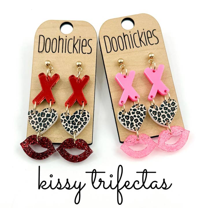 Kissy Trifecta Acrylic Valentines Earrings for wholesale by Doohickies