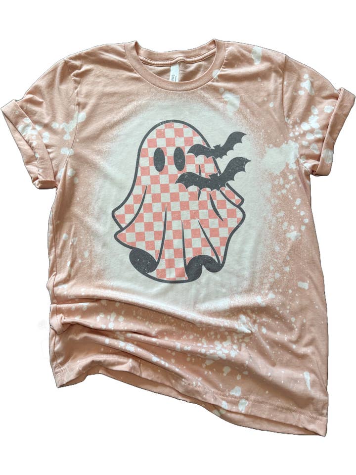 Checkered Ghost + Bats Halloween Bleached Tee for wholesale by Pick Your Poison Tees LLC (Formerly Wandering Owl Designs)
