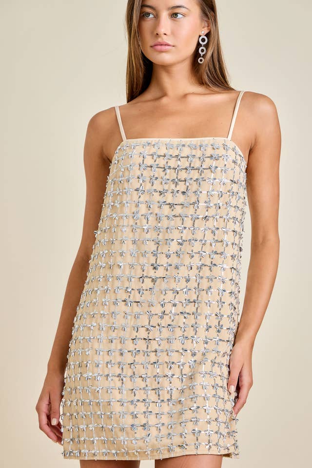 Nude Mini Dress with Silver Sequin Embellishments for wholesale on Faire5