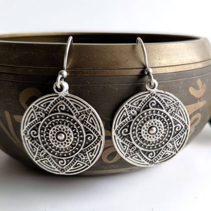 Sacred Mandala Silver Earrings for wholesale by Bliss Vibez
