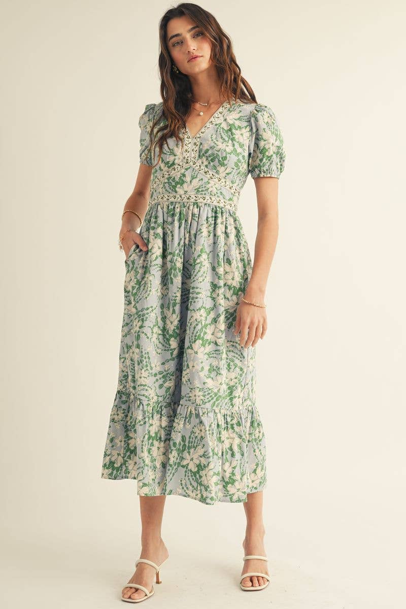 Azul Multi VESTIDO MIDI COM ESTAMPADO FLORAL, DECOTE EM V E BABADOS NA BAINHA para venda a revendedores na Faire3