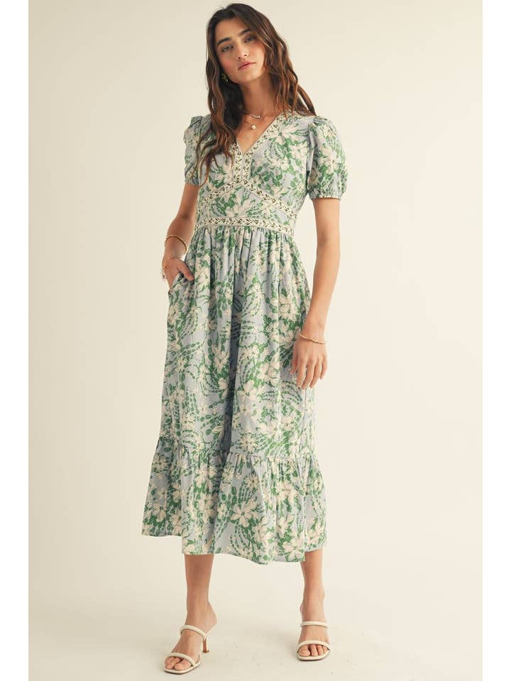 Blu Multi ABITO MIDI CON STAMPA FLOREALE, SCOLLO A V E BALZA SUL FONDO in vendita all'ingrosso su Faire3