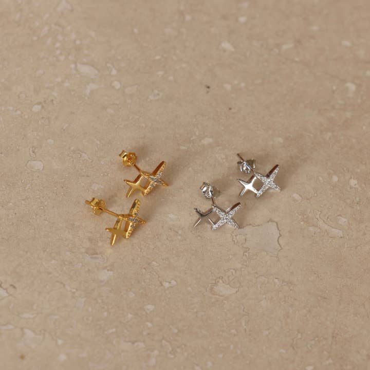 Little Nell Jewellery - Wholesale Stud/Post Earrings - Gold or Silver Double Star Studs3