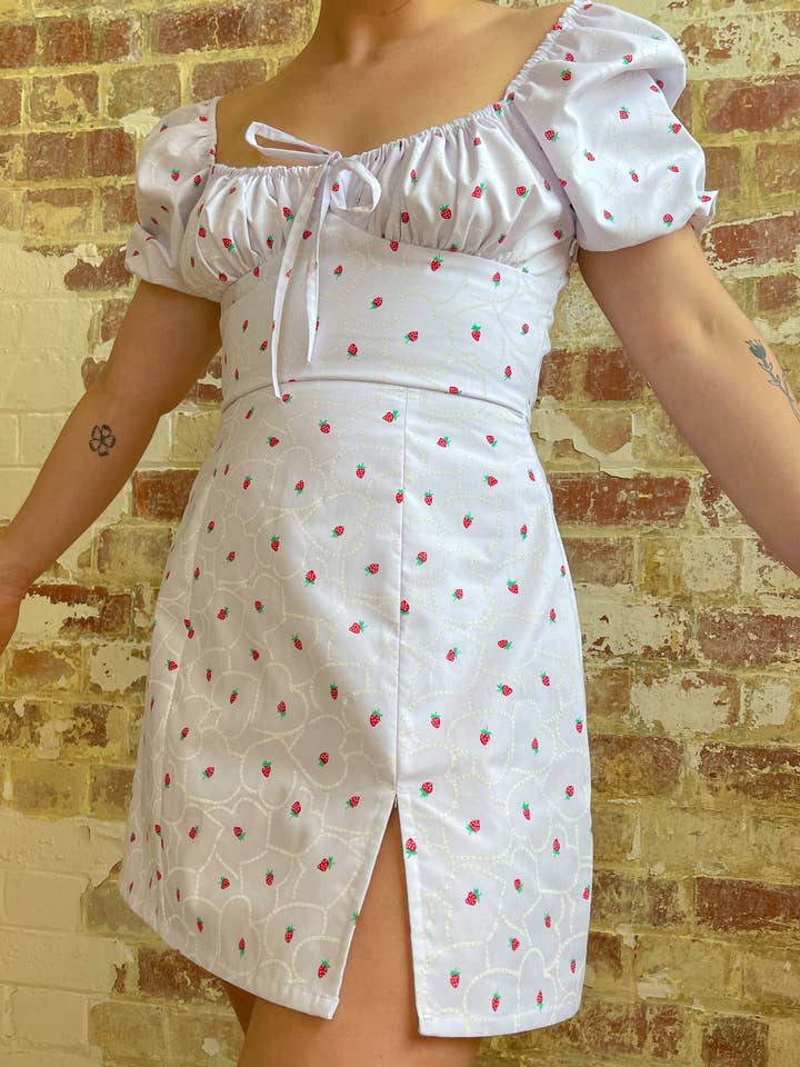 Harry Strawberry Print Milkmaid Midi/Mini Dress for wholesale by BY MEGAN CROSBY