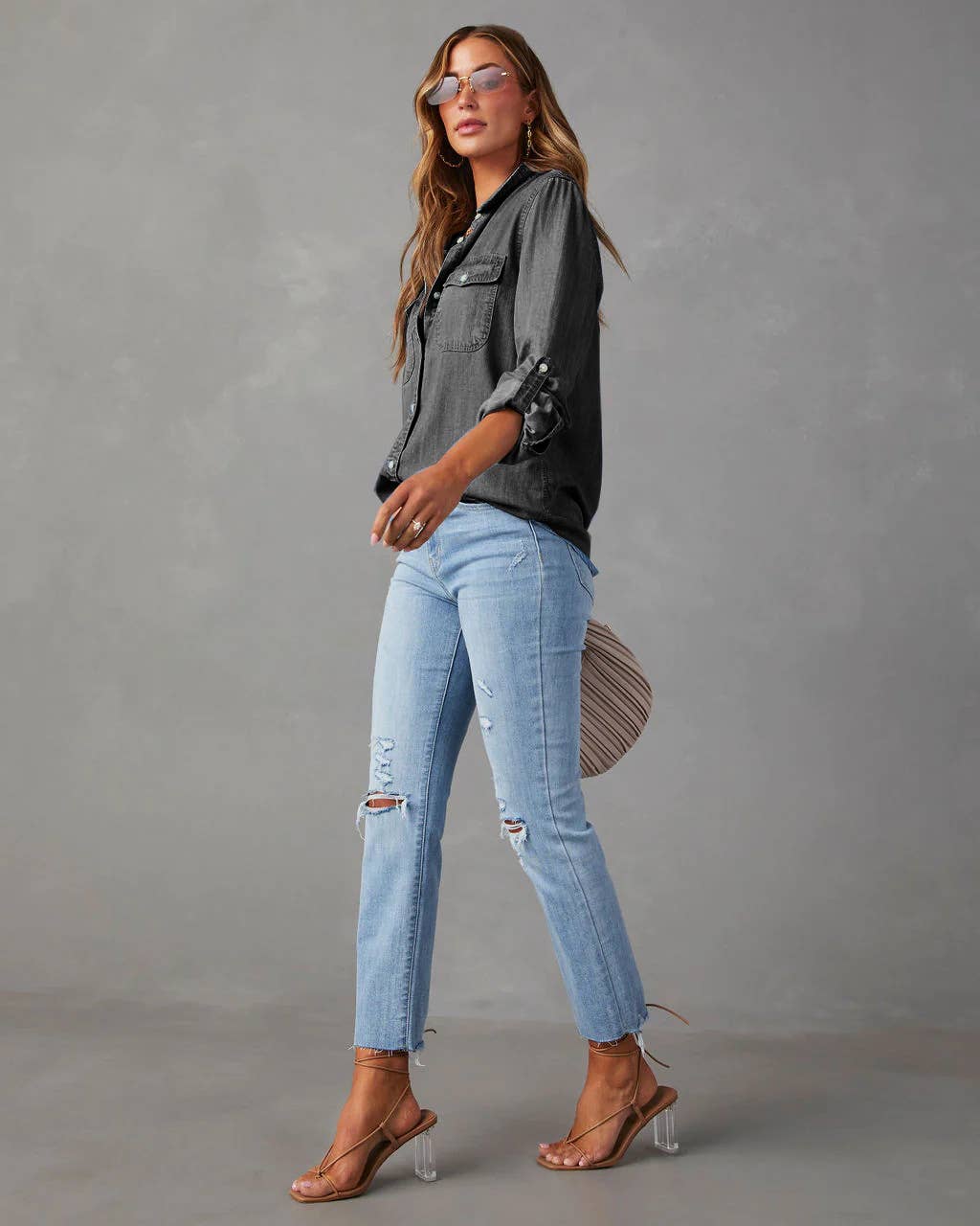 Hope & Sunshine – Camisa com botões no colarinho – Mulher por atacado – Camisa jeans casual feminina com botões6