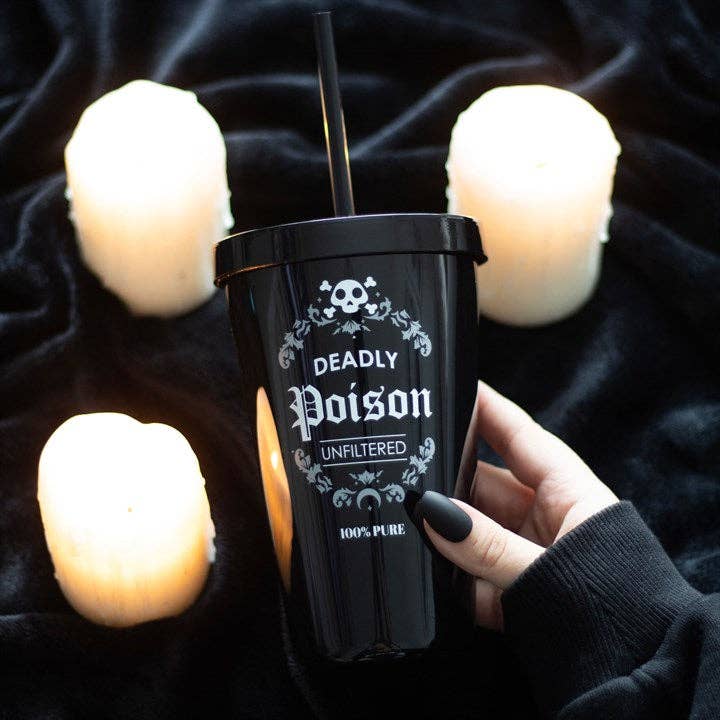 Something Different Wholesale - Wholesale Insulated Mug/Tumbler - Gothic Deadly Poison Plastic Tumbler with Straw