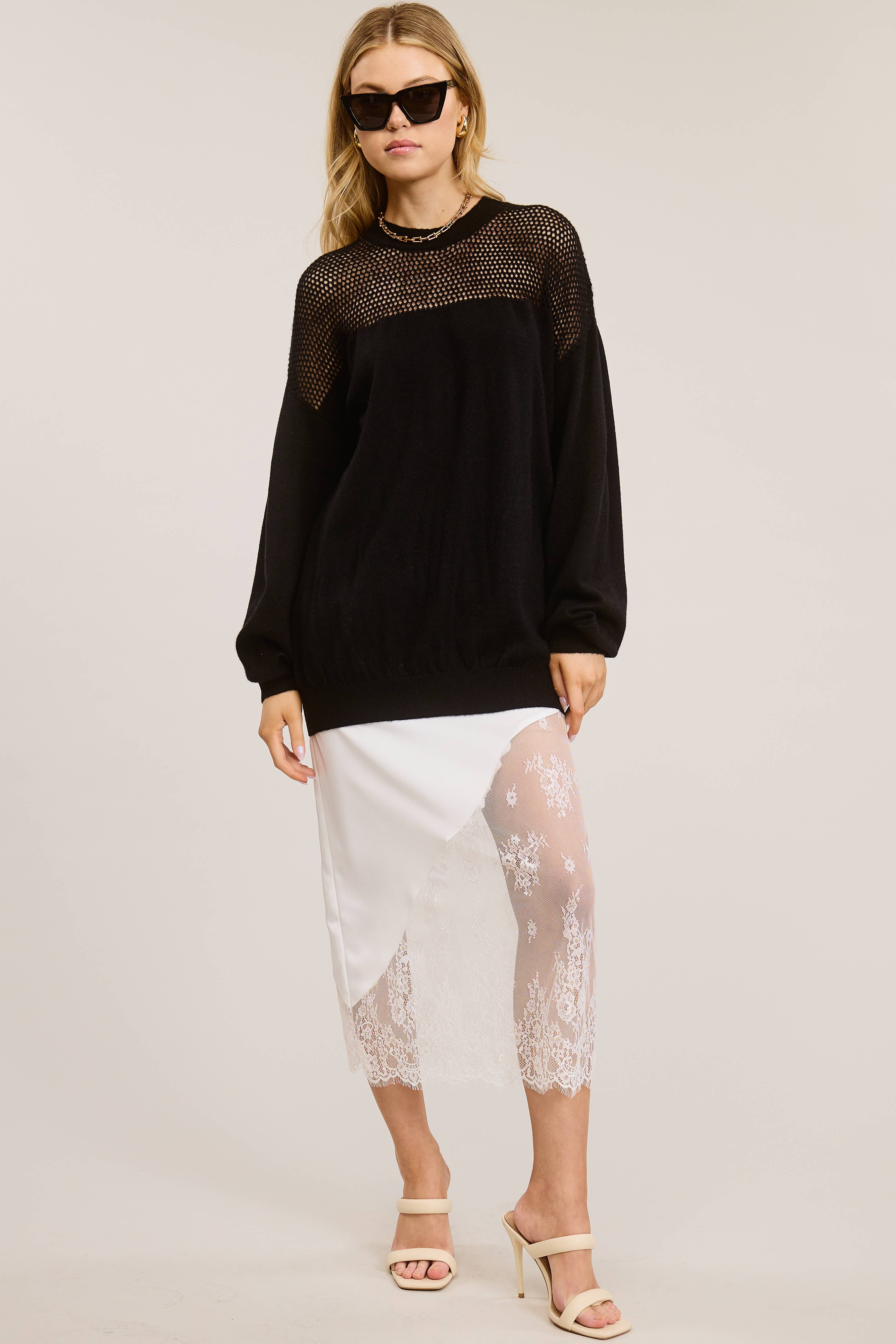 Mimosa - Wholesale Knit Sweater - Women's - Crochet Mesh Long Sleeve Knit Sweater3