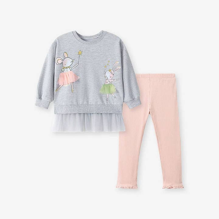 Spring and Autumn Girls Animals Cartoon Pattern Long Sleeves Tulle Decorated Sweatshirt and Pink Pants Clothing Set for wholesale by MyKids-USA®