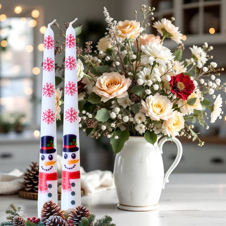 Snowman Christmas Taper Candles Holiday Gifts + Home Decor for wholesale by Designs by Michaela