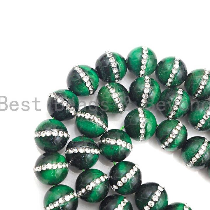 BestBeads&Beyond – Engroshandel Perler – Høj kvalitet Grøn Tiger Eye med Rhinestone indlagt, 6mm/8mm/10mm/12mm/14mm, Tiger øje Perler, 15,5" Fuld streng, SKU #V52