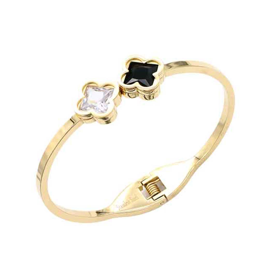 Fashion City - Wholesale Bangle Bracelet - Stainless Steel Bracelets with 4 Leaf Rhinestone1