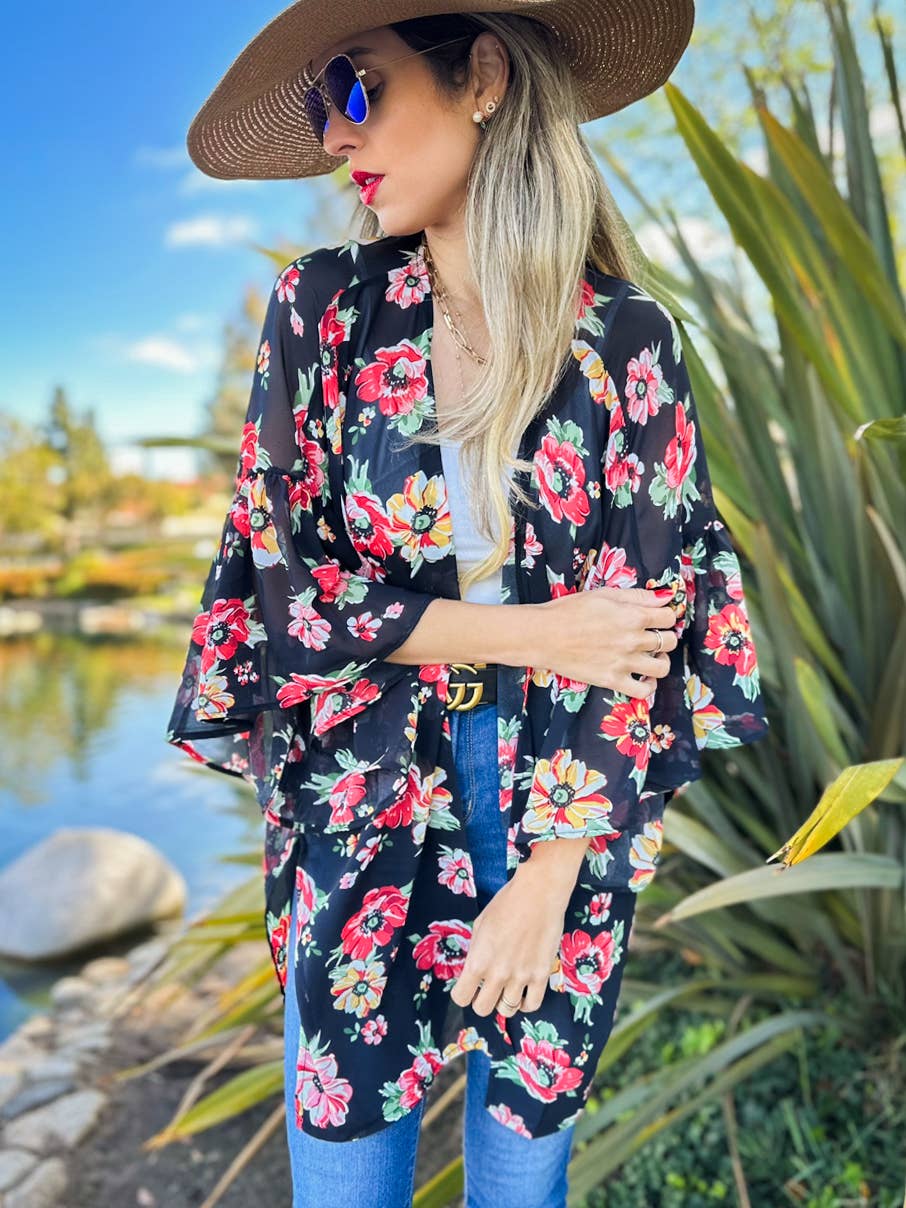 AMOLI – wholesale Kimono – Women's – Floral Printed Ruffled Sleeve Chiffon Kimono Cover-Up8