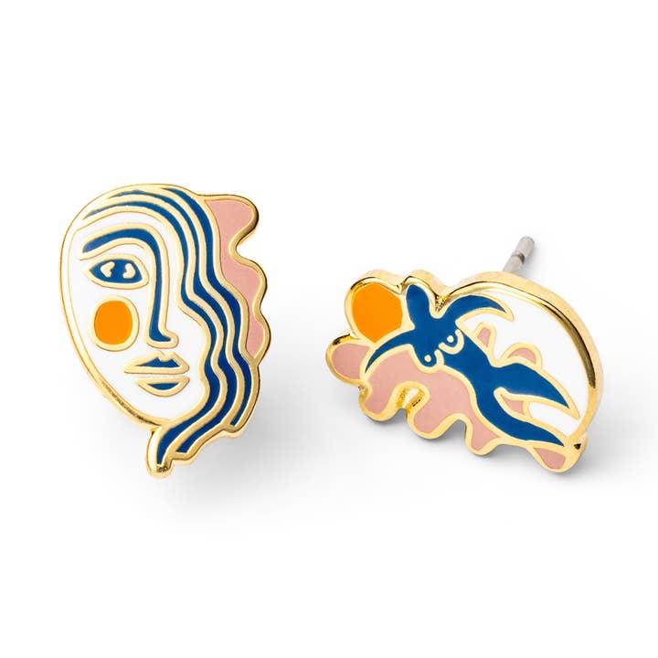 Pendientes Matisse de botón en oro con diseño artístico de museo para venta al por mayor de Yellow Owl Workshop