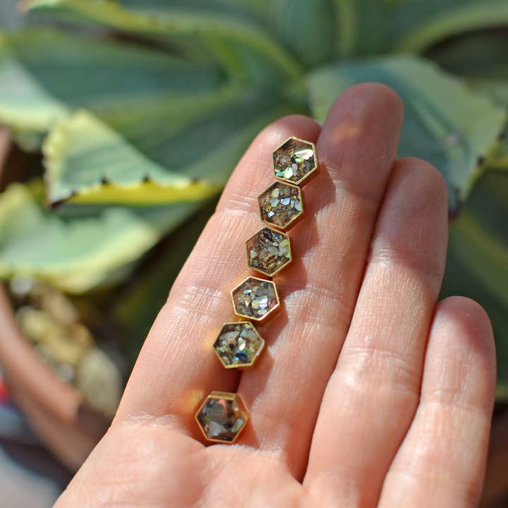 Abalone Seashell Brass Hexagon Studs for wholesale by Eight Acorns Floral Preservation
