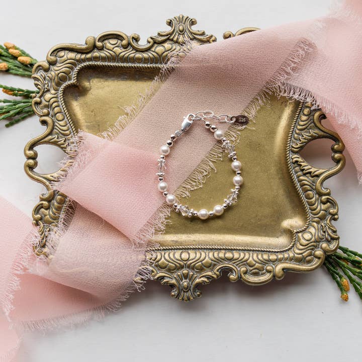 Cherished Moments - Venta al por mayor Pulseras de abalorios/colgantes - Pulsera de perlas plateadas con cruz para bautizo o regalo de bautizo3