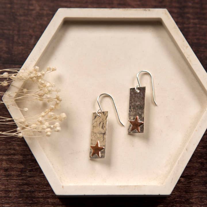 Pendientes rectangulares, plata de ley y detalles en cobre, de regalo para venta al por mayor de The Old Farmhouse Jewellery
