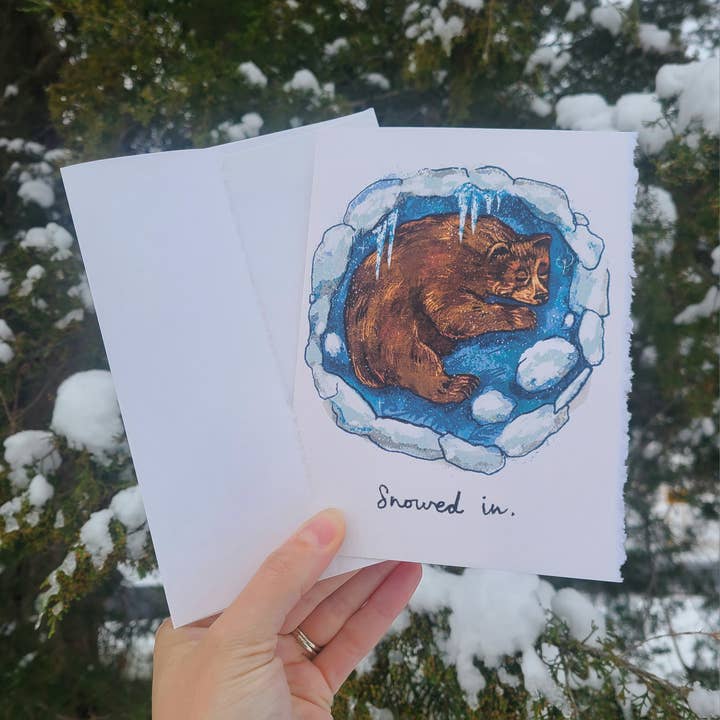 Brown bear "Snowed in" Illustrated Card for wholesale by To Draw Attention