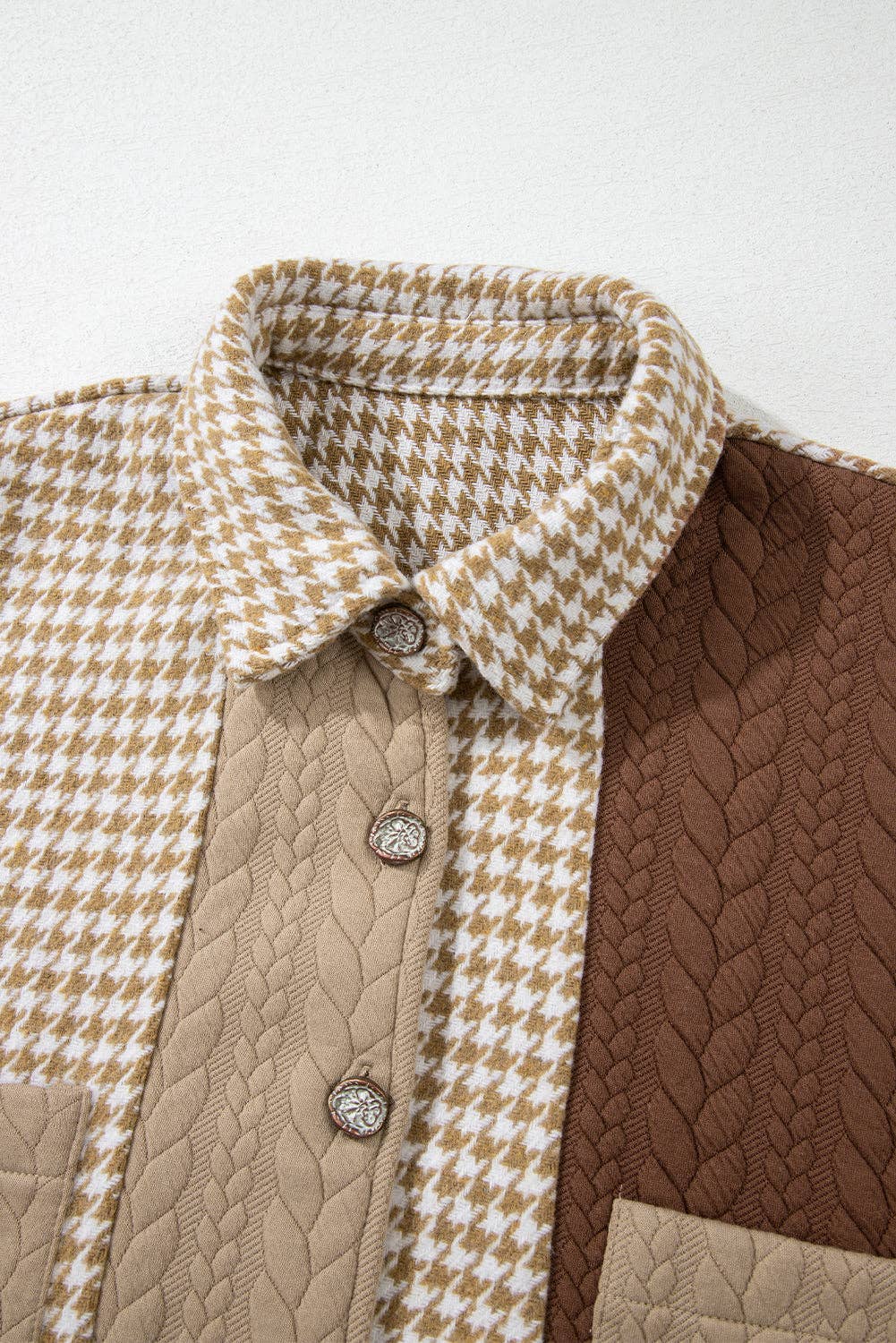 Khaki Houndstooth Color Contrast Textured Patchwork Shacket for wholesale on Faire10