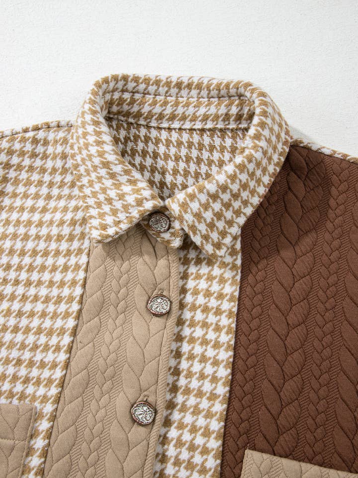 Khaki Houndstooth Color Contrast Textured Patchwork Shacket for wholesale on Faire10