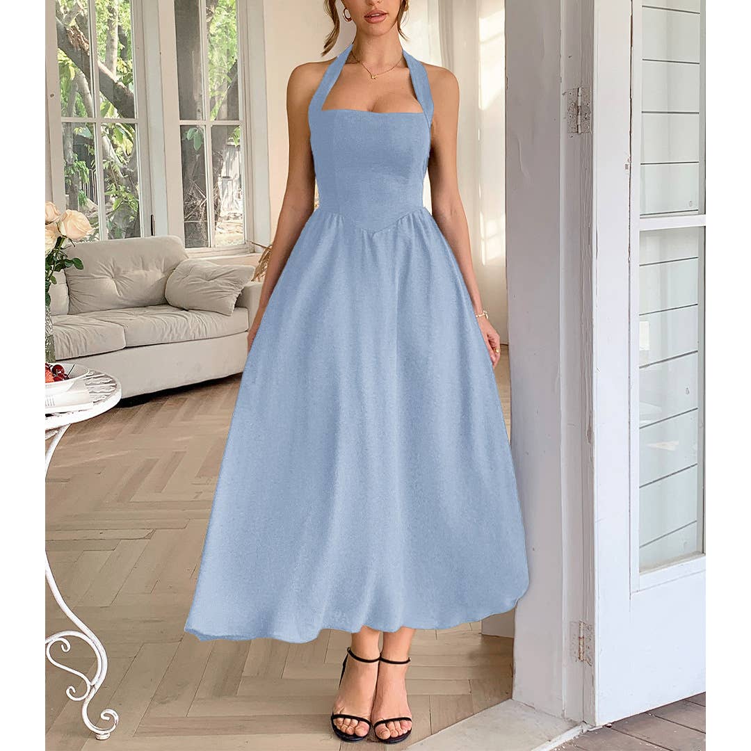 UNISHE - Wholesale Dress - Women's - Vacation Style Halter Neck Waist-Tie Maxi Dress DY3723