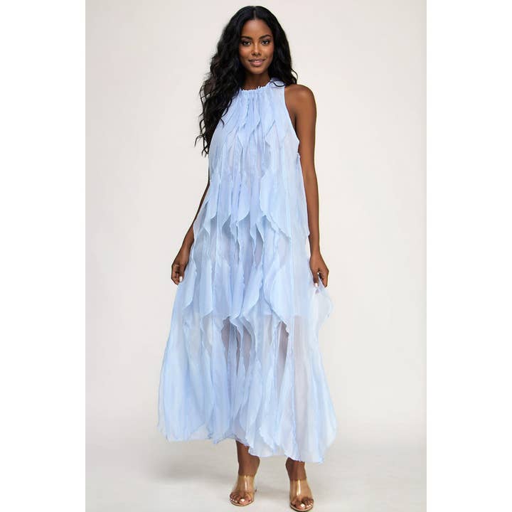 Sleeveless Loose Fit Vertical Ruffles Sheer Maxi Dress for wholesale by omgstyles