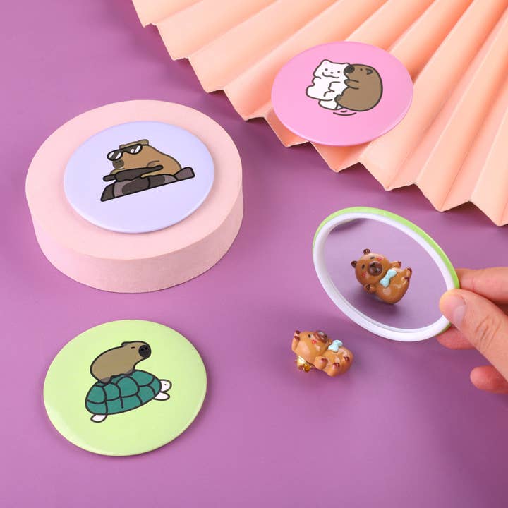 CapyFun - Wholesale Compact Mirror - Cute Capybara Mini Round Mirror Set - 5 Various Designs