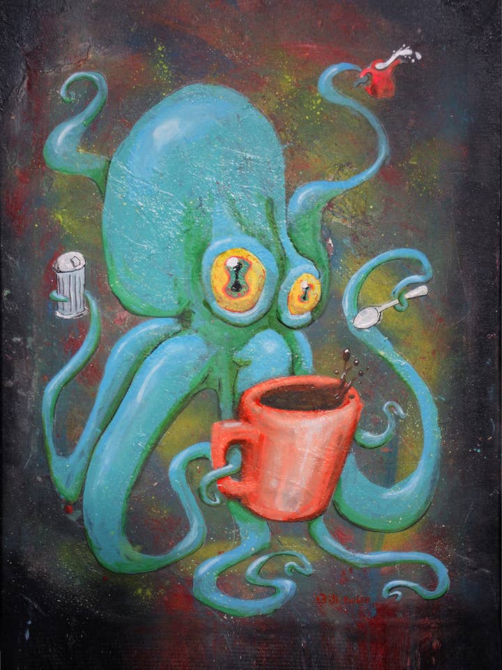 Coffee Drinking Octopus (original art print) 11 x17 for wholesale by Extravaganza of Strange : Art of Bili Kribbs